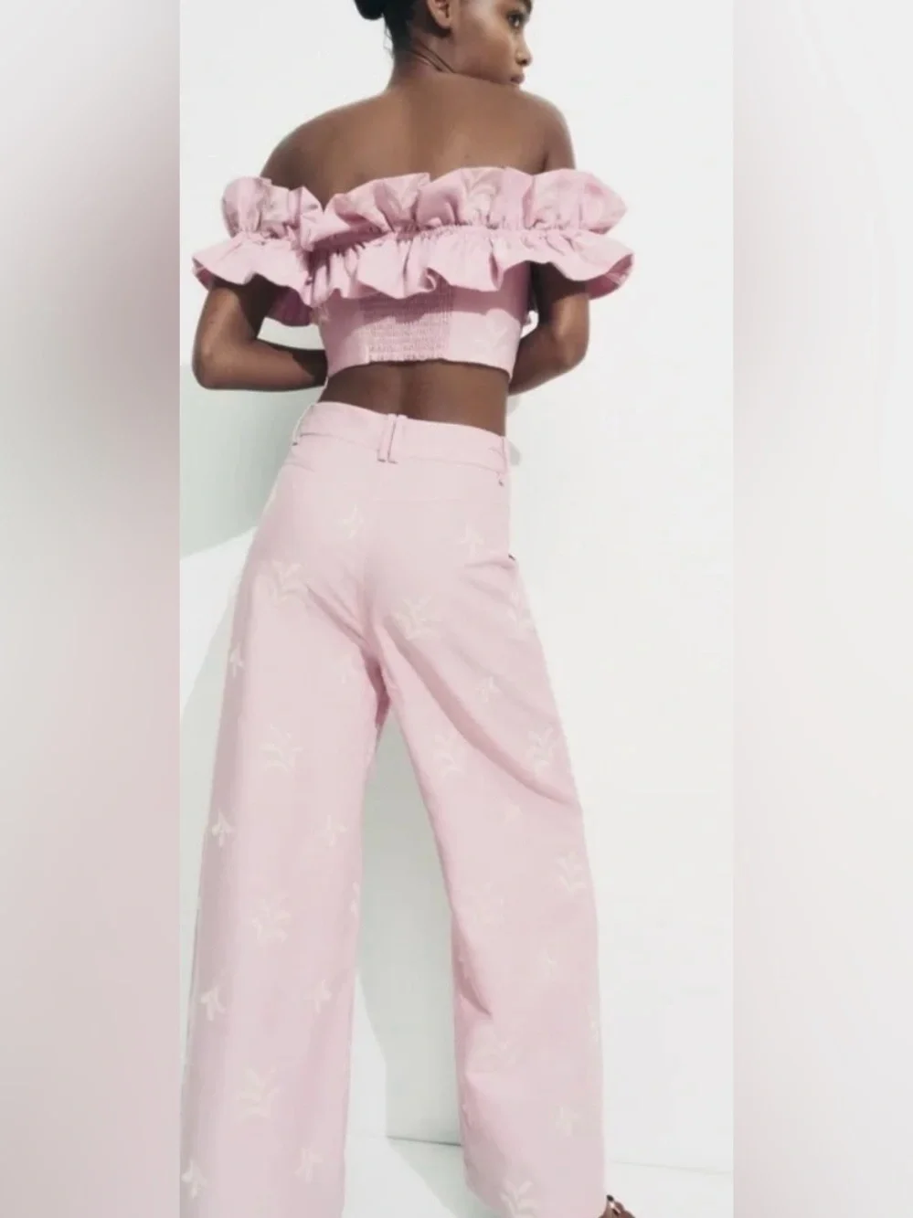 ZARA Pink Linen Off Shoulder Ruffle Top & Wide Leg Pants Set